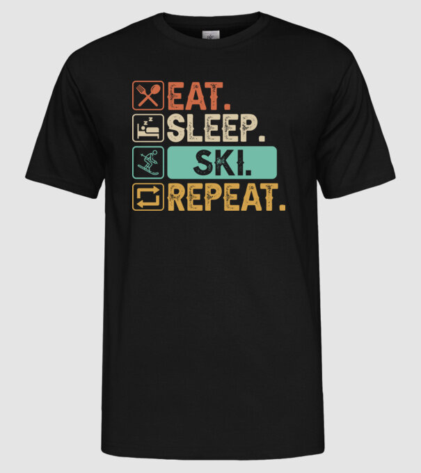 Eat Sleep SKI Repeat model negru pe tricou
