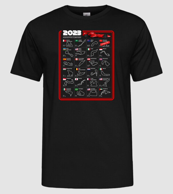 F1 2023 Formula Grand prix calendar model negru pe tricou