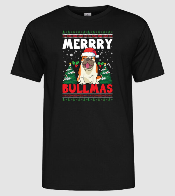 Merry bullmas ugly sweater model negru pe tricou