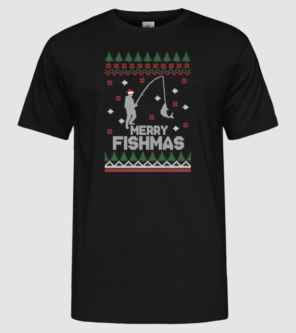 Merry Fishmas model negru pe tricou