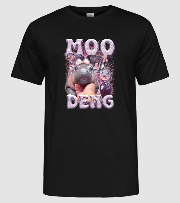 MOO DENG baby hippo model negru pe tricou