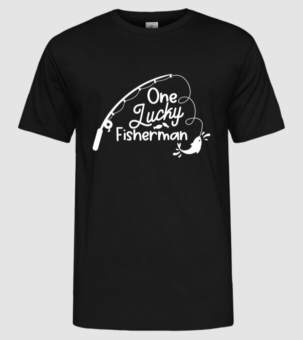 One lucky Fisherman model negru pe tricou