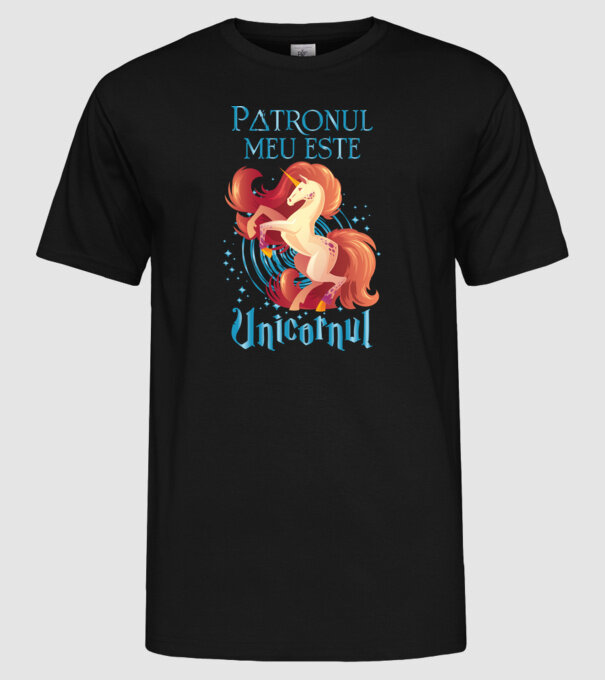Patronul meu este UNICORNUL model negru pe tricou