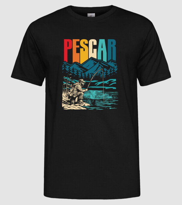 Pescar retro model negru pe tricou