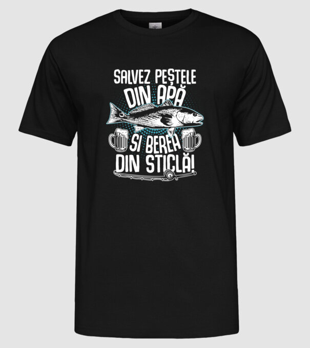 salvez peștele din apă și berea din sticlă model negru pe tricou