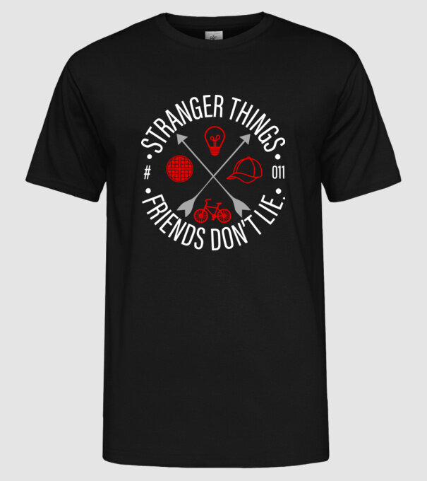 stranger things friends dont lie model negru pe tricou