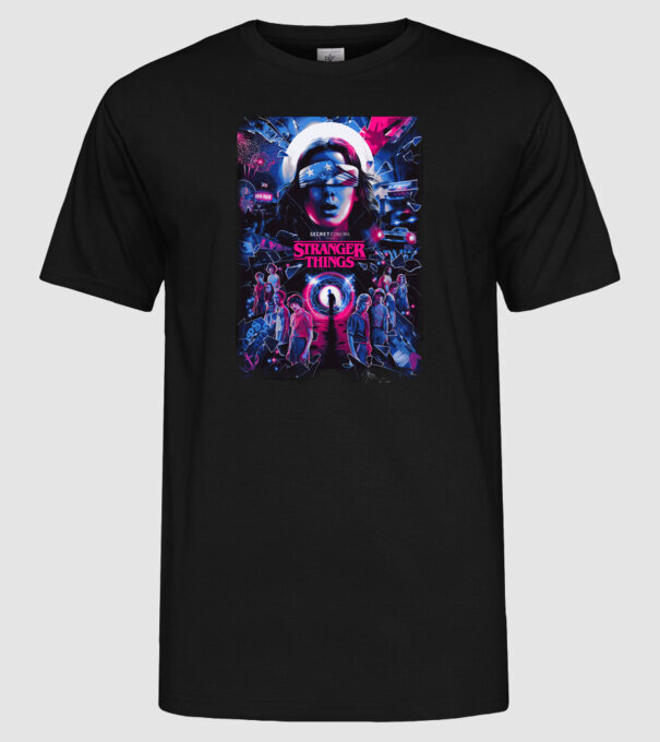 stranger things poster neon model negru pe tricou