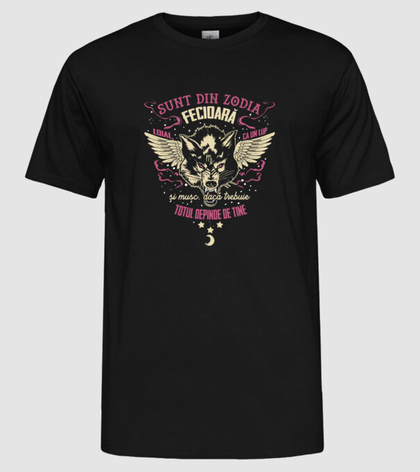 Fecioară model negru pe tricou