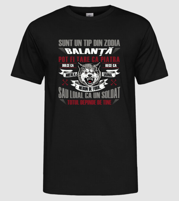 Sunt un tip din zodia Balanță model negru pe tricou