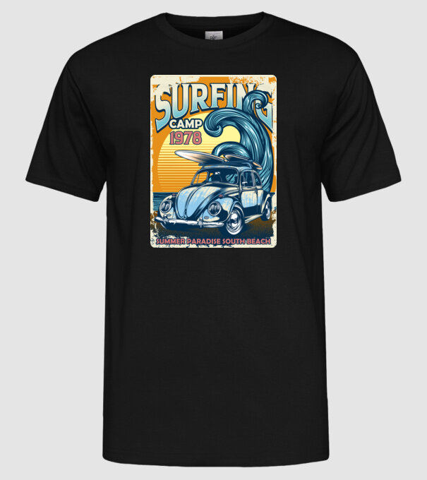 Surfer Camp model negru pe tricou