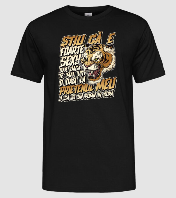 Știu că e foarte sexy, dar dacă te mai uiți o dată la prietenul meu, o să iei un pumn în gură model negru pe tricou