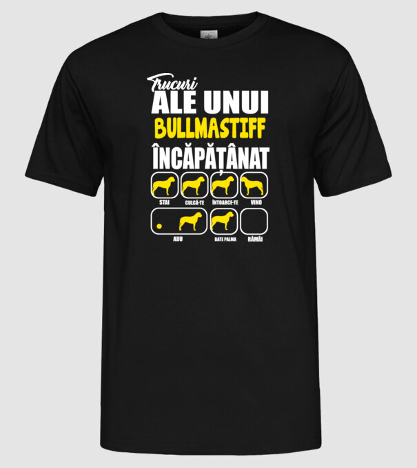 trucuri ale unui bullmastiff încăpățânat stai, culcă-te, întoarce-te, vino, adu, bate palma, rămâi model negru pe tricou