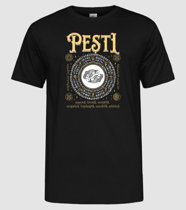 Zodiac femeie PEȘTI golden model negru pe tricou