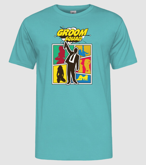 Comic Groom Squad model turcoaz pe tricou