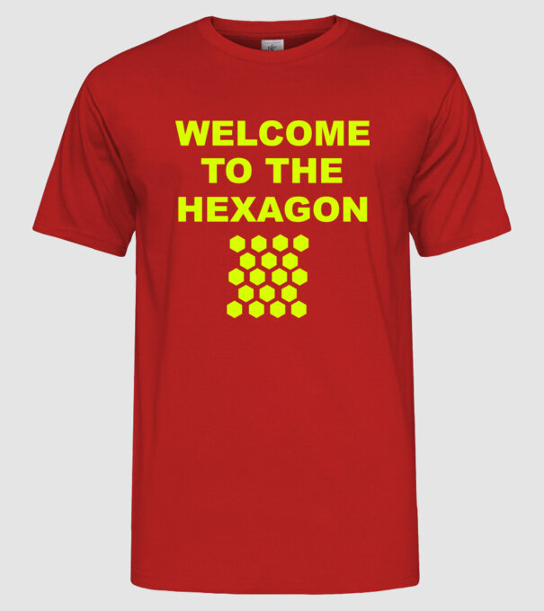 Welcome to the hexagon model roșu pe tricou