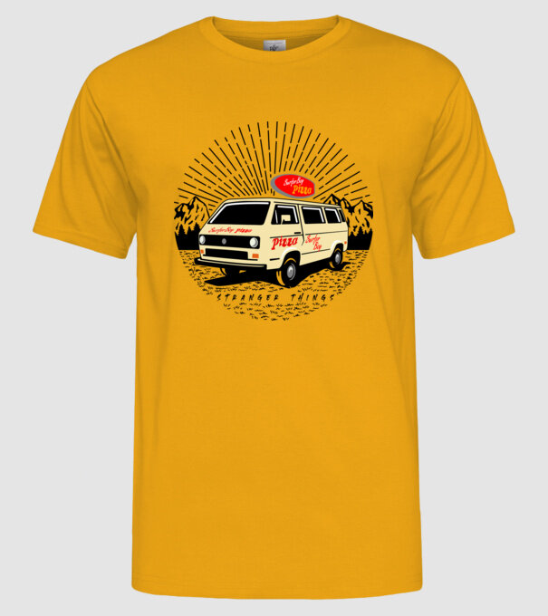 surfer boy pizza bus stranger things model galben pe tricou