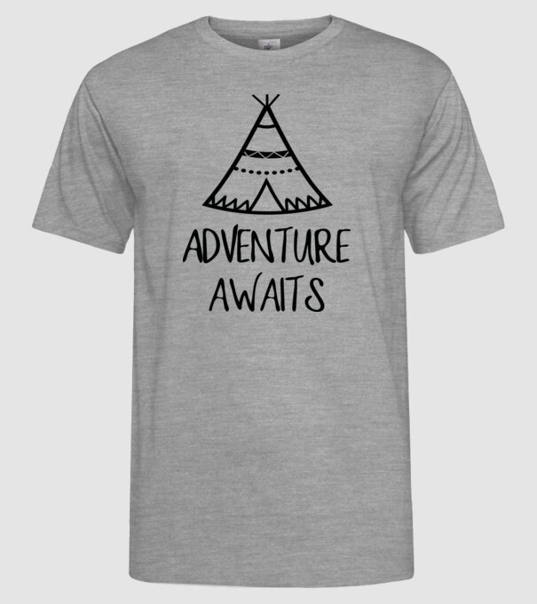 Advanture awaits model gri pe tricou