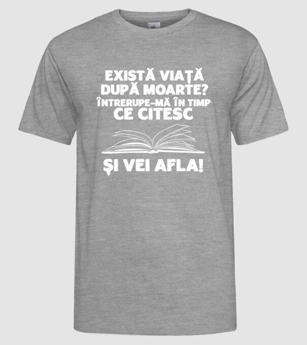 există viață după moarte? întrerupe-mă în timp ce citesc și vei afla model gri pe tricou