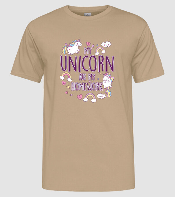 My unicorn ate my homework model nisipiu pe tricou
