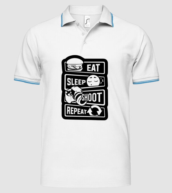 eat sleep shoot repeat model alb pe tricou