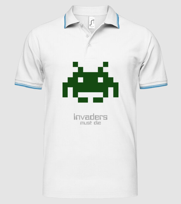 Invaders Must Die model alb pe tricou