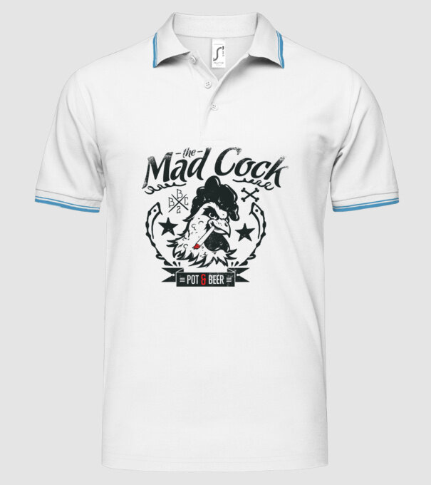 The Mad Cock model alb pe tricou