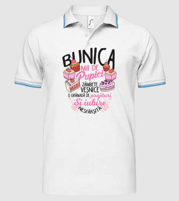 bunica - mii de pupici, zâmbete veșnice, o grămadă de prăjituri și iubire nesfârșită model alb pe tricou