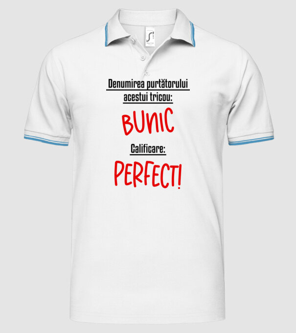 Denumirea purtătorului acestui tricou: bunic! Calificare: Perfect! model alb pe tricou