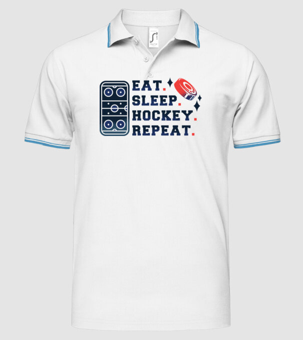 Eat Sleep Hockey Repeat model alb pe tricou