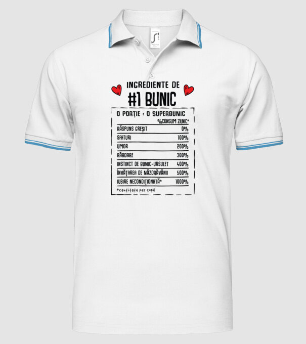 Ingrediente Bunic - o porție : un superbunic - %consum zilnic* răspuns greșit, sfaturi, umor, răbdare, instinct de bunic-ursuleț model alb pe tricou