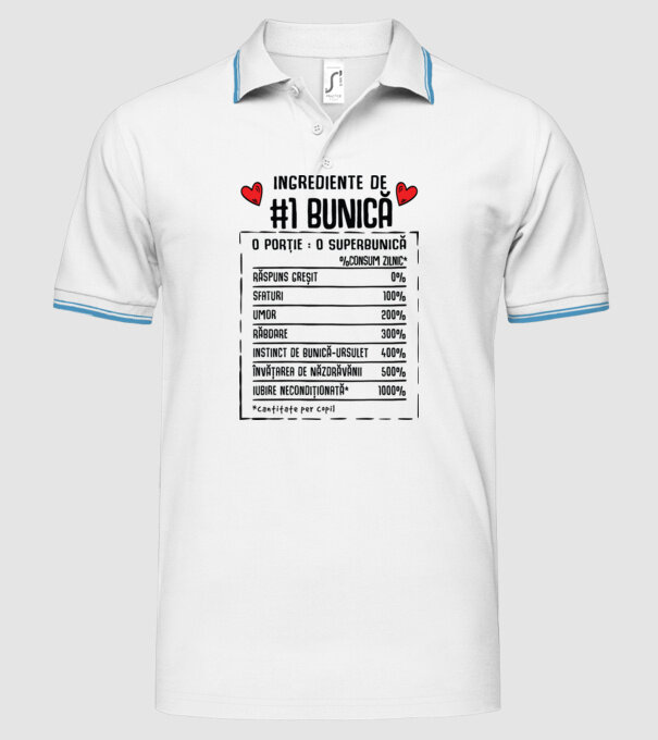 Ingrediente Bunică - o porție : o superbunică - %consum zilnic* răspuns greșit, sfaturi, umor, răbdare, instinct de bunică-ursul model alb pe tricou