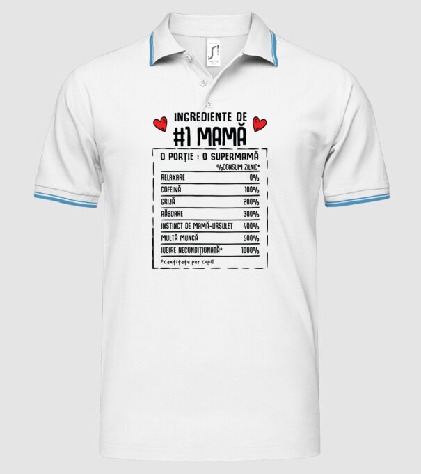 Ingrediente de Mamă - o porție : o supermamă - %consum zilnic* relaxare, cofeină, grijă, răbdare, instinct de mamă-ursuleț, mult model alb pe tricou