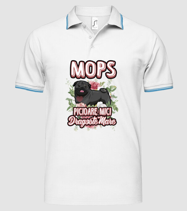 Mops negru picioare mici dragoste mare model alb pe tricou