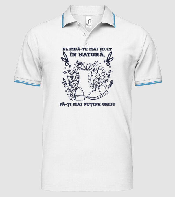 Plimbă-te mai mult în natură, fă-ți mai puține griji! model alb pe tricou