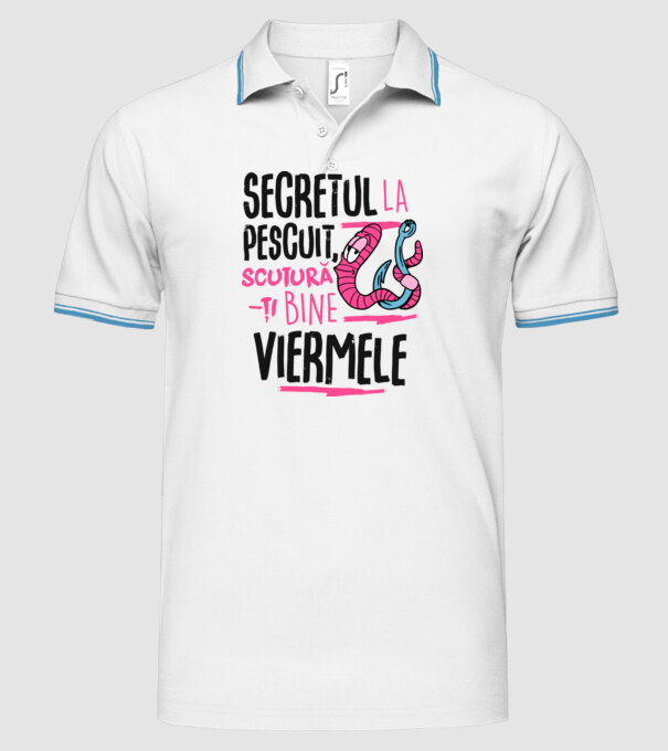 Secretul la pescuit scutură-ți bine viermele model alb pe tricou