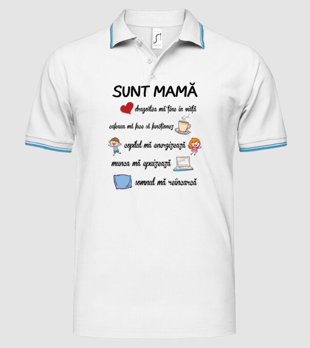 Sunt mamă, dragostea mă ține în viață, cafeaua mă face să funcționez, copilul mă energizează, munca mă epuizează, somnul mă reîn model alb pe tricou