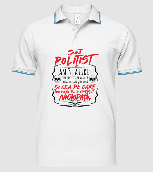 sunt polițist am 3 laturi model alb pe tricou