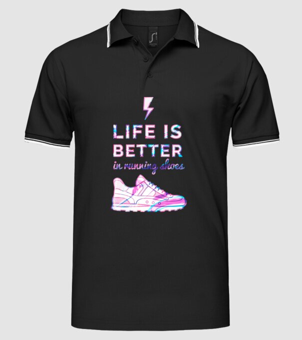 Life is better running shoes HOLO model negru pe tricou