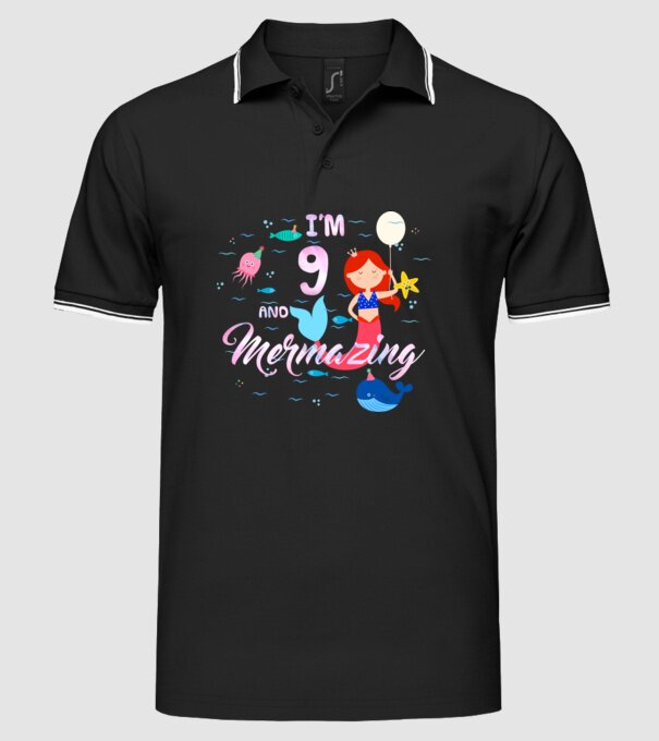 Mermazing Birthday 9 model negru pe tricou