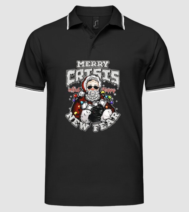 Merry Crisis and Happy New Fear model negru pe tricou