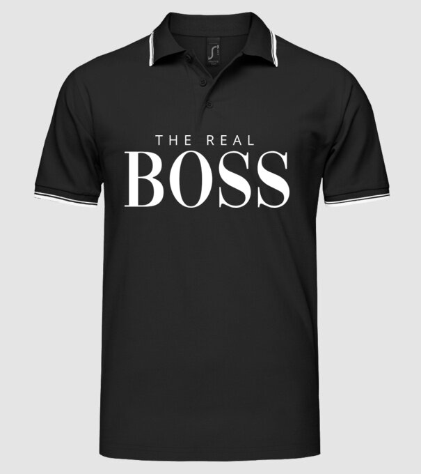 Motiv cuplu The REAL Boss model negru pe tricou