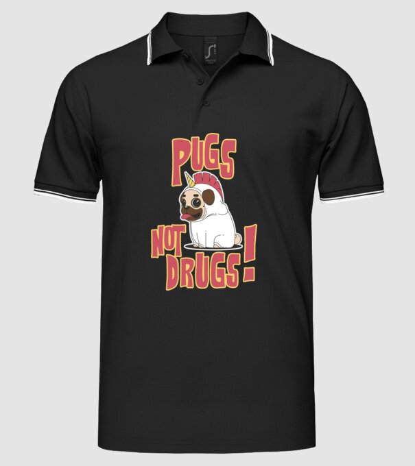 Pugs not drugs model negru pe tricou