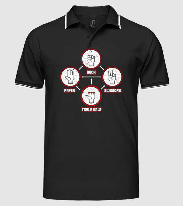 Rock Paper Scissors TABLE SAW model negru pe tricou