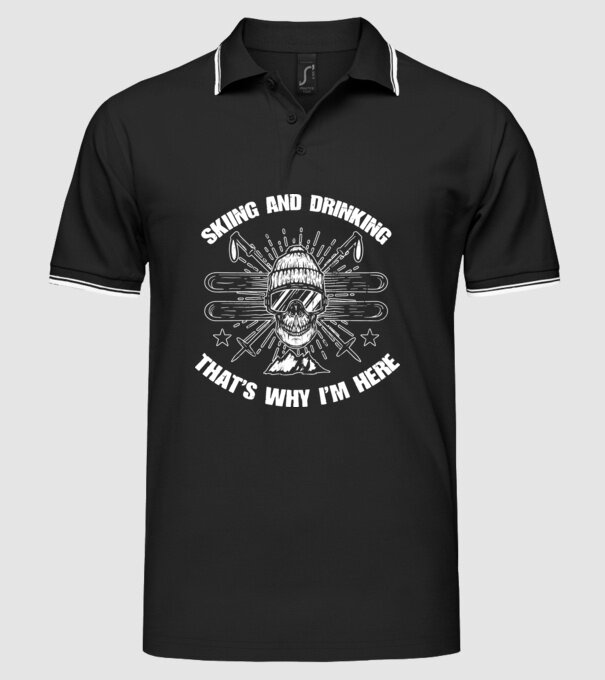 Skiing and drinking model negru pe tricou