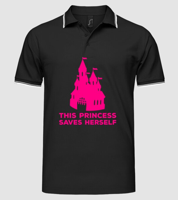 This princess saves herself model negru pe tricou