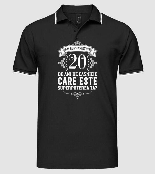 Am supraviețuit 20 de ani de căsnicie - care este superputerea ta? model negru pe tricou