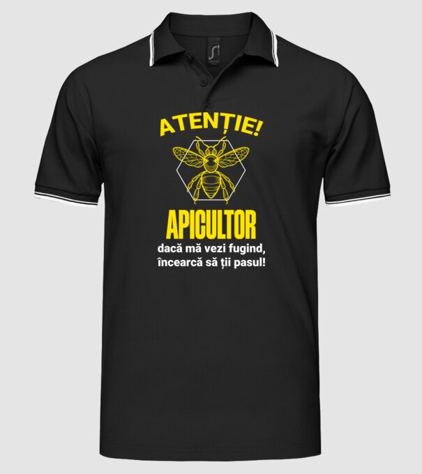 Atenție, apicultor! Dacă mă vezi fugind, încearcă să ții pasul! model negru pe tricou