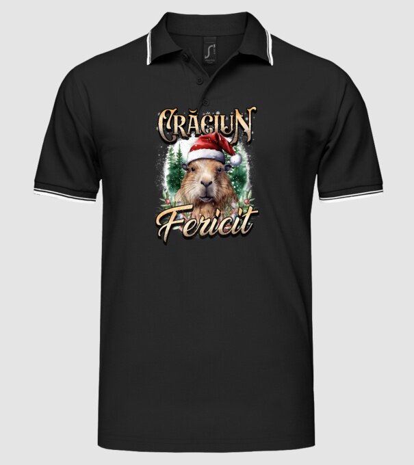 Capybara christmas model negru pe tricou