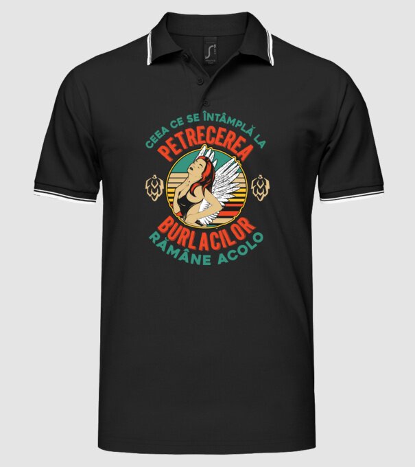 Ceea ce se întâmplă la petrecerea burlacilor rămâne la petrecerea burlacilor model negru pe tricou