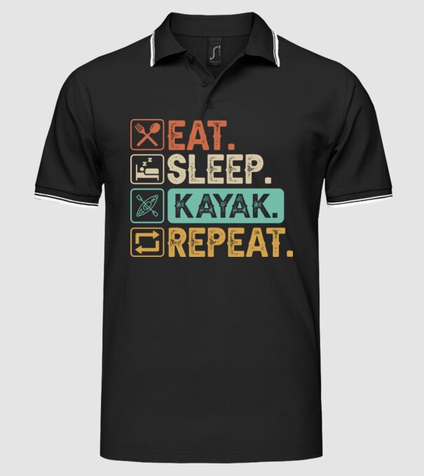 Eat Sleep Kayak model negru pe tricou